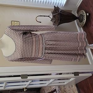 Sophie Max gray red tan white diamond print stretch dress long sleeve Medium …